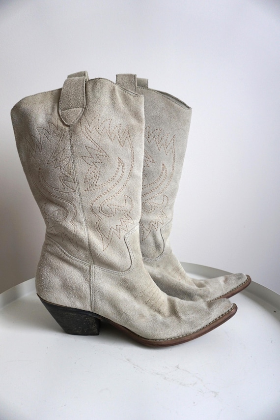 Vintage Suede Leather Western Cowboy Boots, Women's Beige Cowgirl Shoes (US 5 1/2)