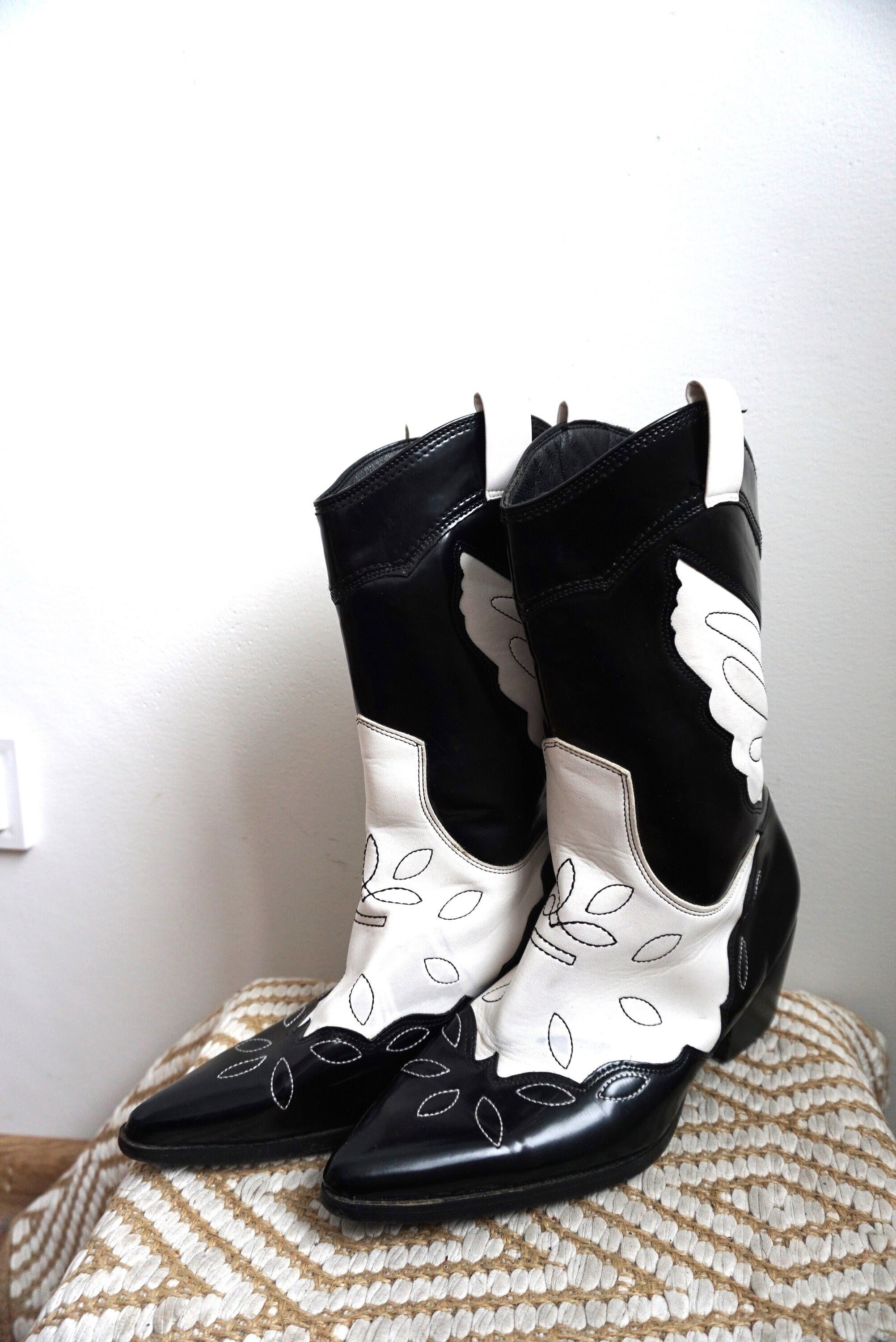 Stivali da cowboy occidentali in vera pelle vintage nero bianco