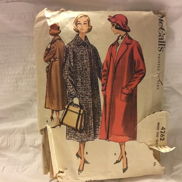 Vintage 1957 McCalls pattern 4262-size 16 misses easy to sew coat -classic winter wool lined with pockets for those cold nights.