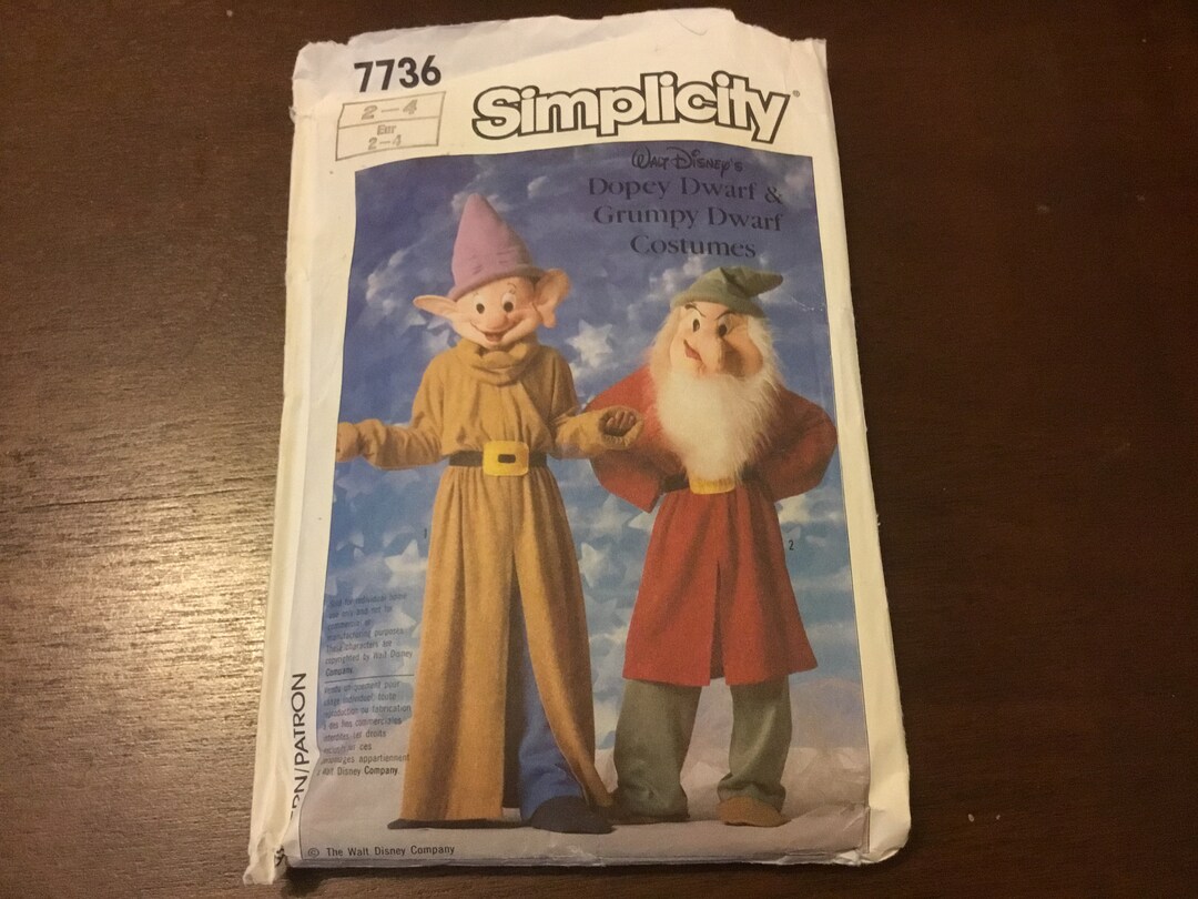 1986 Walt Disney Simplicity Pattern 7736 Doper Dwarf and Grumpy Dwarf ...