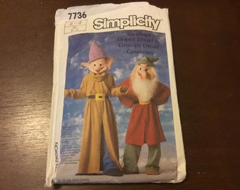 1986 Walt Disney Simplicity pattern 7736  - doper Dwarf and Grumpy Dwarf Costumes. Unique coatume for Halloween or dress up