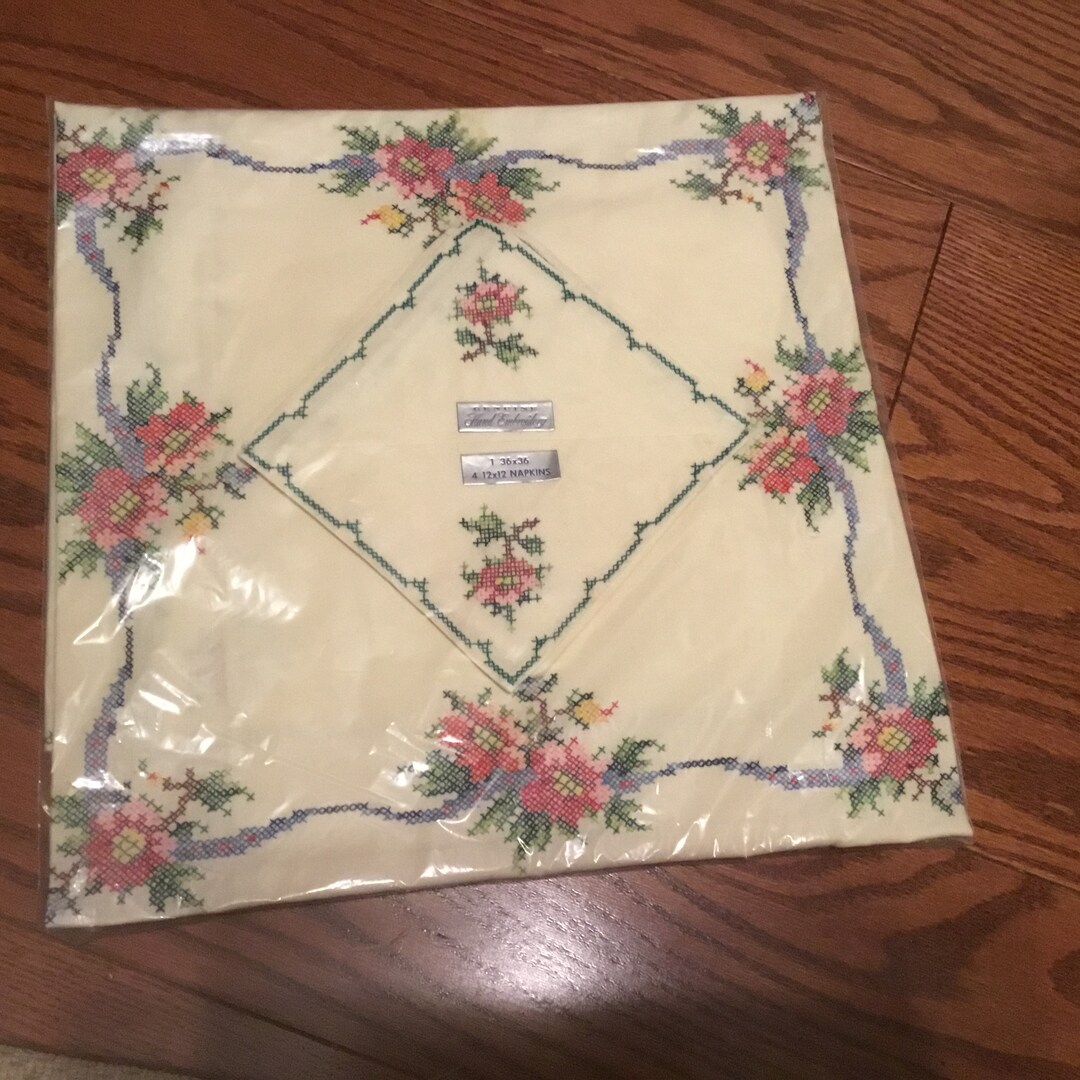 Vintage yet New Hand Embroidered Tablecloth and 4 Napkins. Embroidered