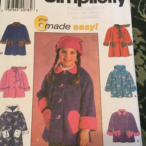 Uncut Simplicity 7822 Sewing Pattern, Child's Jacket or Coat, Sizes 5-6 -6x  , child's coat pattern, choice of six coat patterns