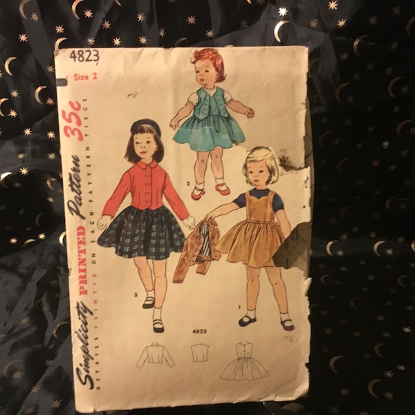 Vintage 1954 Simplicity pattern 4823 size 2, child’s one -piece jumper with WebKit and jacket. Delightful little outfit for your toddler.