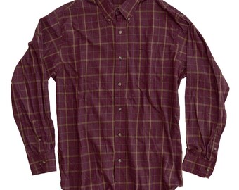 Windowpane Plaid Collared Shirt - Burgundy / Lt Brown- Size Medium