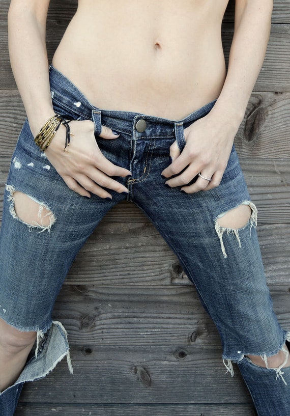 Low Rise Destroyed Jeans - Worn Blue - Waist Size… - image 5