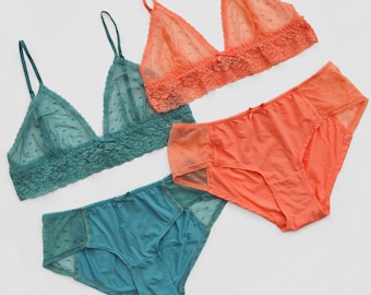Dot Mesh And Lace Lingerie Set