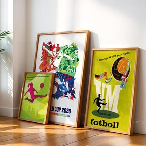 May include: Three framed posters featuring soccer themes. The left poster shows a silhouette of a player kicking a ball. The center poster displays colorful graphics with the text World Cup 2026 Canada Mexico USA. The right poster features a soccer ball and the text Sverige 8-29 juni 1958 VM fotboll.