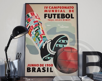 Affiche de la coupe du monde de football du Brésil 1950 : art mural football vintage