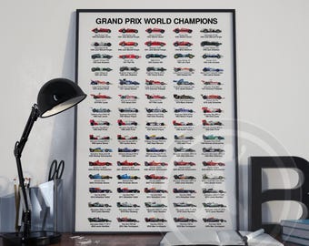 Formula 1 Champions Poster, The Original History of Grand Prix World Champions Print, 4 Sizes, Gift for every F1 Fan