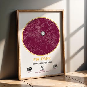 Carte Motherwell, Fir Park, terrain de football, carte, affiche de football, formats A1 à A4. Motherwell FC Ecosse Idée cadeau pour fan de football