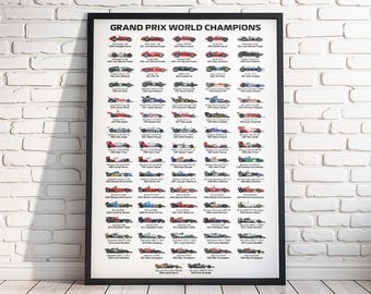 May include: A framed poster titled GRAND PRIX WORLD CHAMPIONS featuring a chronological grid of small, detailed illustrations of Formula 1 race cars from various years, each labeled with the car model, year, and the driver's name.