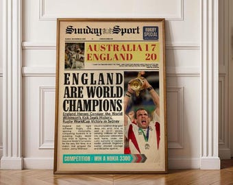 2003 Rugby World Cup Newspaper Poster | England Champions Print | Available in 4 sizes