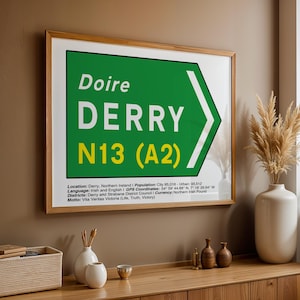 May include: A green and yellow road sign with the text "Doire DERRY N13 (A2)" and a white arrow pointing to the right. The sign has additional information about the location, language, population, GPS coordinates, district, council, currency, and motto.