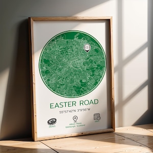 Carte des Hibs, Easter Road, carte du terrain de football, affiche de football, formats A1 à A4. Hibernian FC Edinburgh Idée cadeau pour fan de football