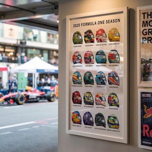 2025 Grand Prix Helmet World Championship Poster Print, ideaal motorsportcadeau voor hem F1-fan