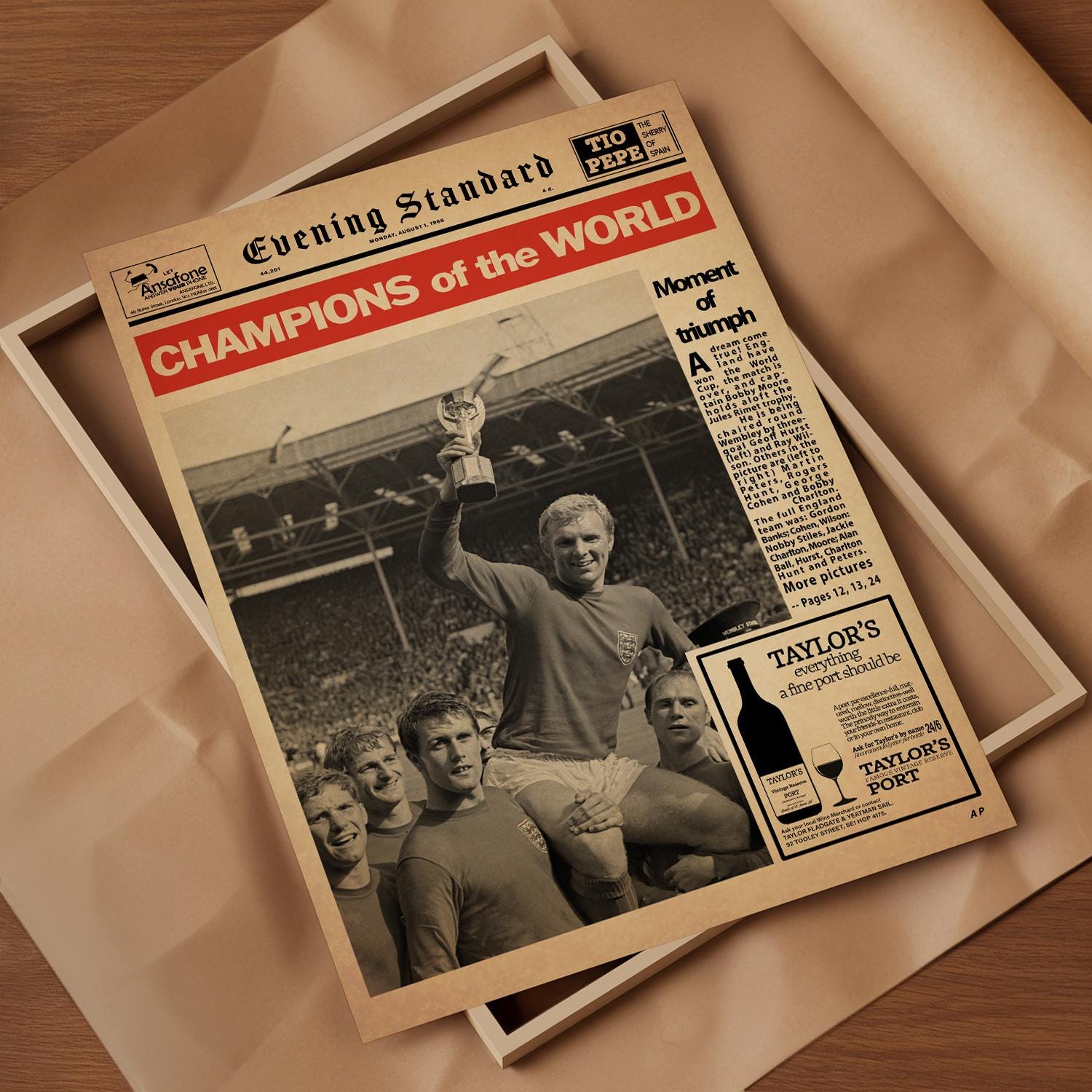 1966年ワールドカップ新聞印刷物：イングランド優勝イブニング