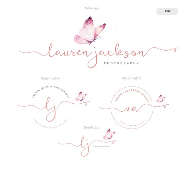 Vorgefertigtes Logo, Schmetterlingslogo, Fotografie-Logo, Rose Gold Branding, Boutique-Logo, Maskenbildner-Logo, Aquarell-Logo, Beauty-Salon-Logo