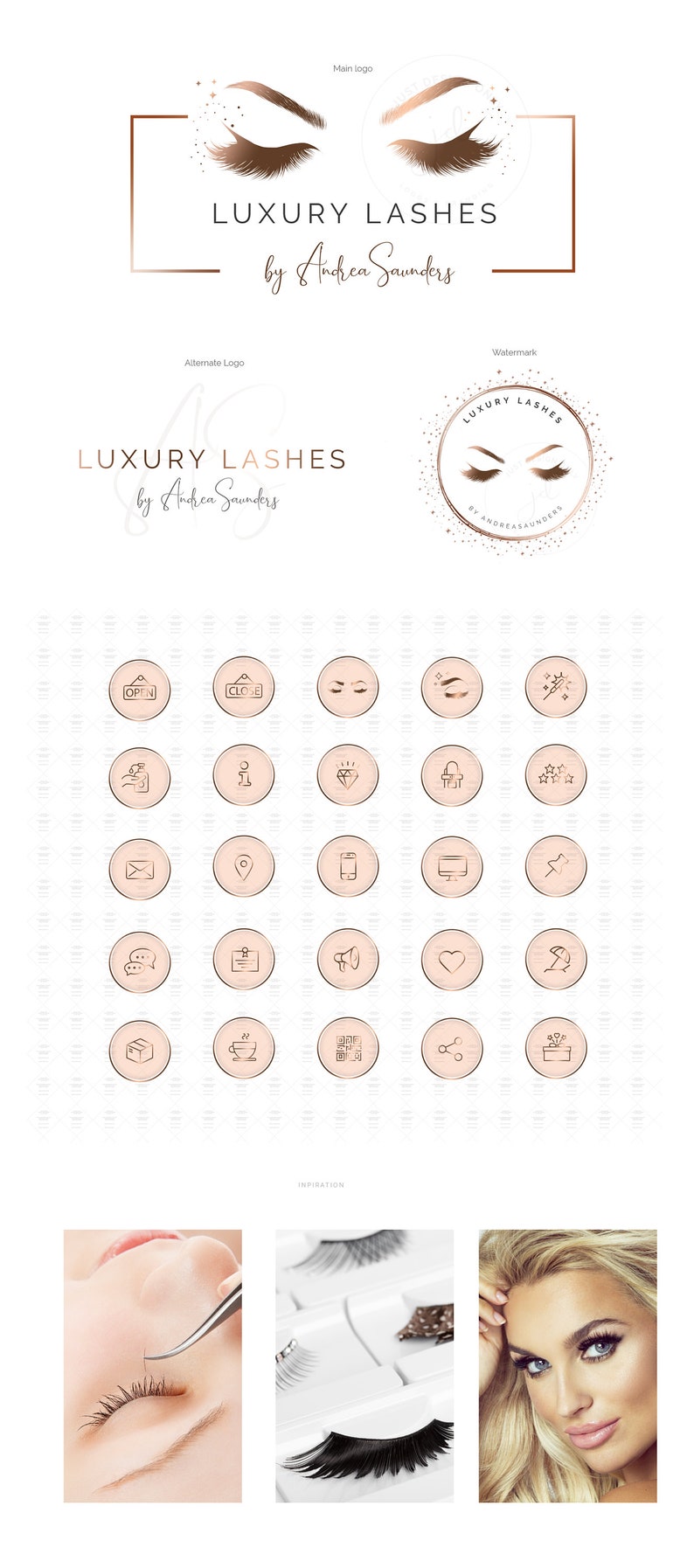 Premade Lash & Brow Logo Design, Rose Gold Lash artist Branding Kit, Beauty logo, Feminine Logo, Eyelash logo with 25 Instagram highlights imagem 9