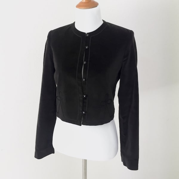 60s/70s Box Jacket Black Button Up Embroidered Velvet Velour Cotton Cropped Bolero Size Extra Small