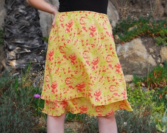 Cute Floral Skirt - 1990s Vintage Floral Skirt Yellow Pink Green Flowers Layered Skirt with Elastic Waist - Cute 90s Modest Grunge - Med