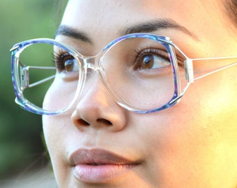 Blue Marbled Eyeglasses Frames Large Plastic Frames with Silver Arms Unique Triangle Cut Out Temples Retro 1980s Glasses Oversized Frames