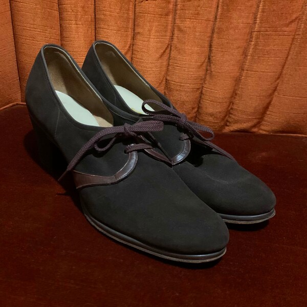 Brown Suede Heels - Cute Vintage Retro Chunky Oxford Heels - 50s 60s Simple Formal Dark Brown Heels - Long and Narrow - US 8