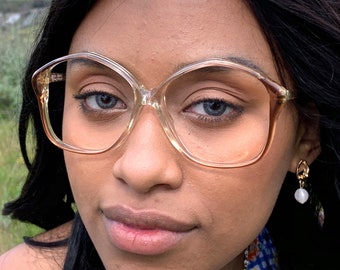 Oversized Eyeglasses - Light Brown Plastic Eyeglasses - 80s Large Amber Glasses Frames without Lenses - Retro Hipster Nerdy Eyeglasses 1980s