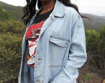 denim jacket with white stripes