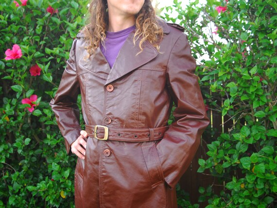 brown leather trench coat