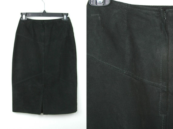 80s Black Suede Pencil Skirt - High Waist Leather… - image 2