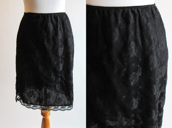 Vintage Black Lace Skirt Slip - Stretchy Semi She… - image 1