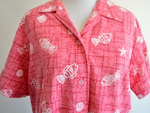 Coral Pink Fish and Seashells Shirt Short Sleeve … - image 1