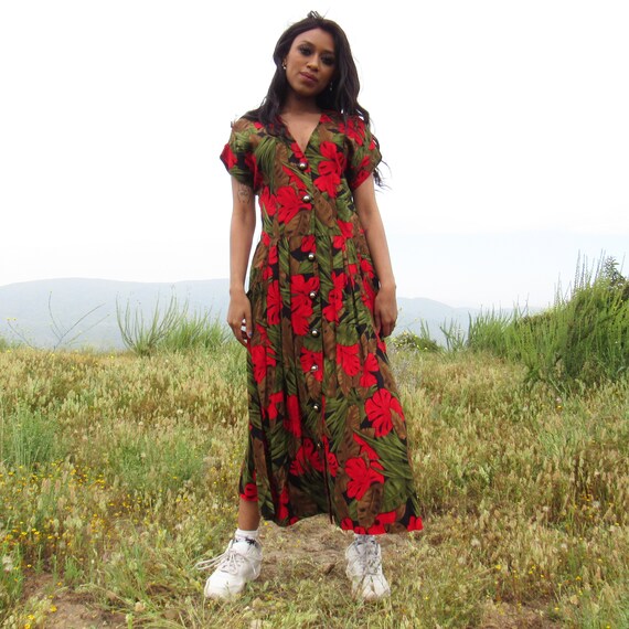 Red and Green Floral Button Up Maxi Dress - 1980s