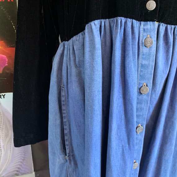 Long Sleeve Black Velvet and Blue Denim Button Up… - image 6