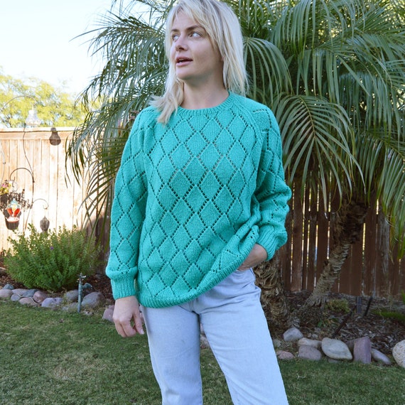 Turquoise Knit Sweater See Through Diamond Patter… - image 2