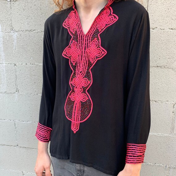 Black and Hot Pink Tunic Beaded Embroidered Long … - image 2