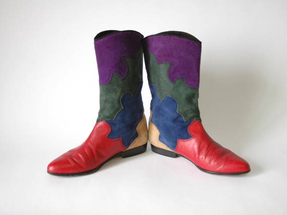 Colorful Suede Leather Cowboy Boots - Decorative … - image 3