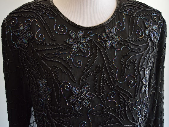 Black Beaded Silk Dress Iridescent Floral Beaded … - image 3