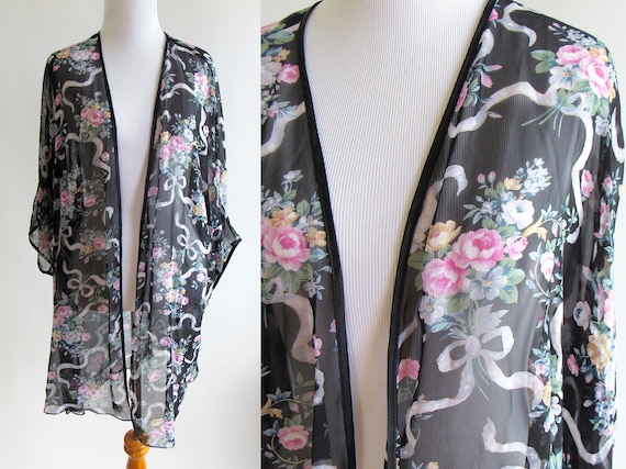 80s/90s Black Sheer Floral Robe 1980s Sheer Floral Lingerie | Etsy