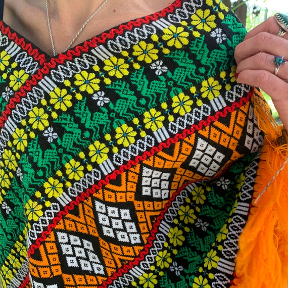 Guatemalan Woven Poncho Floral with Deer - Fringe… - image 6