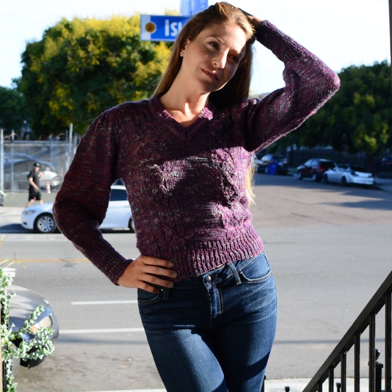 Purple Speckled Cable Knit Cropped Bishop Sleeve … - image 3