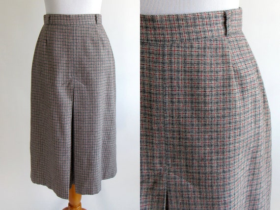 80s/90s Grey Plaid Wool Skirt - Calf Length Plaid… - image 1