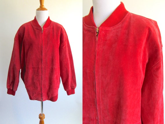 Red Suede Bomber Jacket - Bright Red 80s Zip Up Bo