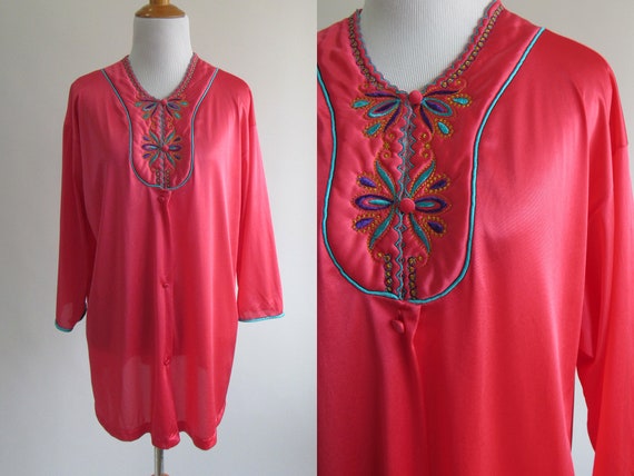 70s/80s Bright Hot Pink Night Shirt with Colorful… - image 1