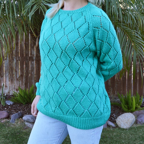 Turquoise Knit Sweater See Through Diamond Patter… - image 5