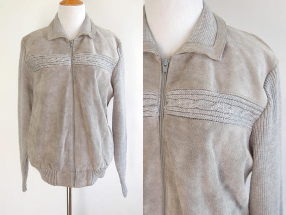 80s Grey Suede Sweater Jacket - Suede Sweater Jack