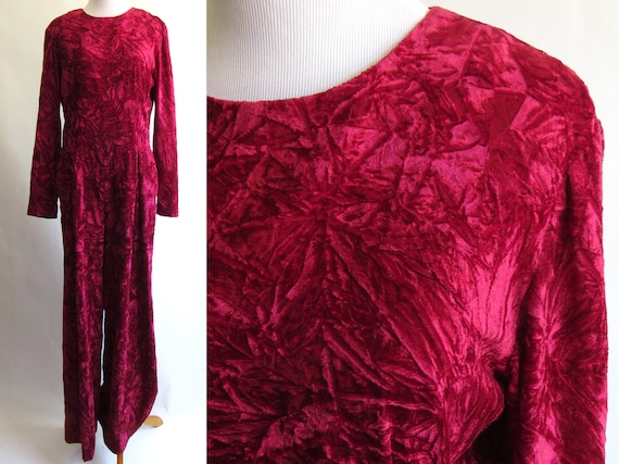 80s Ruby Red Crushed Velvet Jumpsuit - Full Length