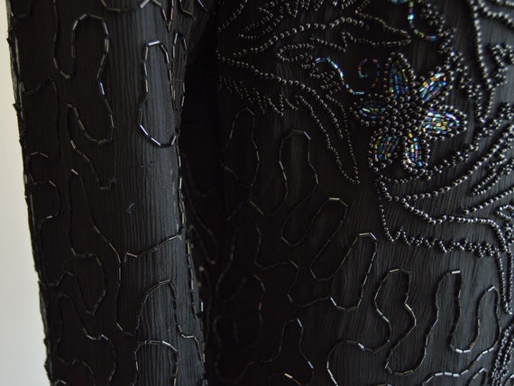 Black Beaded Silk Dress Iridescent Floral Beaded … - image 7