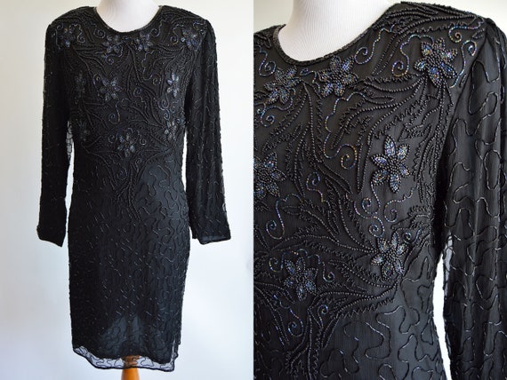 Black Beaded Silk Dress Iridescent Floral Beaded … - image 1
